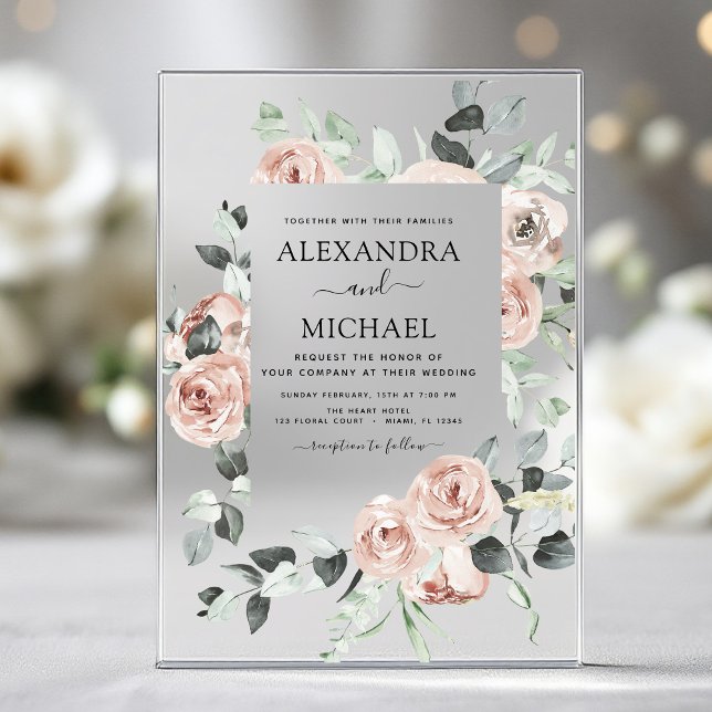 Dusty Pink Floral Eucalyptus Wedding Acrylic Invitations (Creator Uploaded)