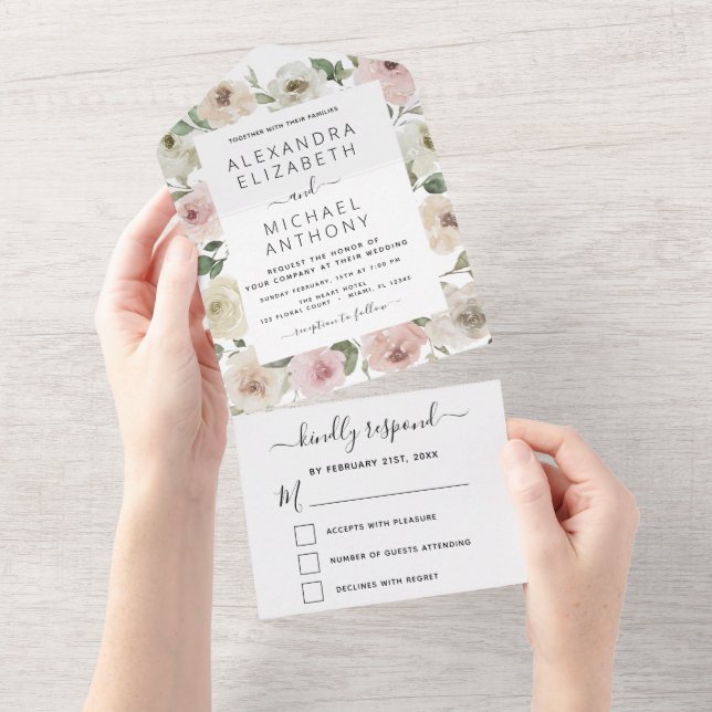Dusty Pink Floral Eucalyptus Wedding All In One Invitation (Tearaway)