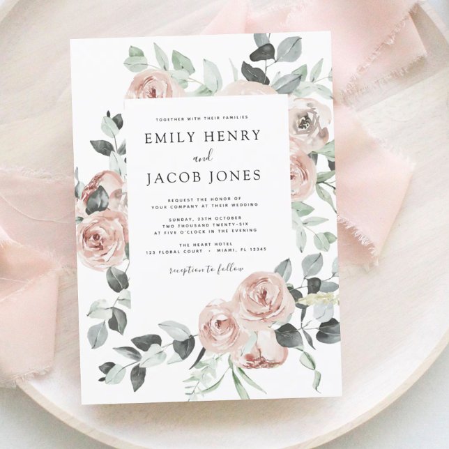 Dusty Pink Floral Eucalyptus Wedding Invitation (Creator Uploaded)