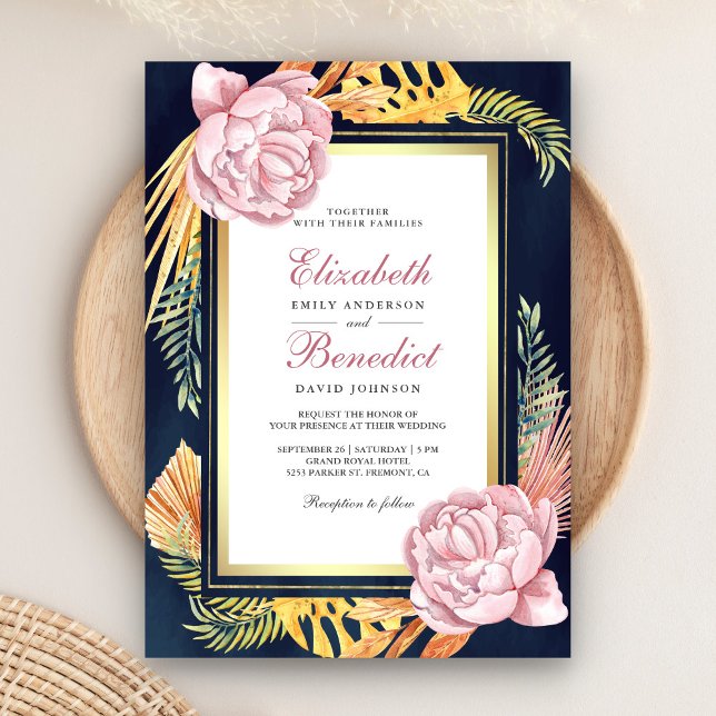 Dusty Pink Floral Gold Dried Palm Navy Wedding Invitation (Creator Uploaded)