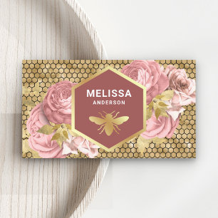 Dusty Pink Floral Gold Foil Honeycomb Honey Bee Business Card