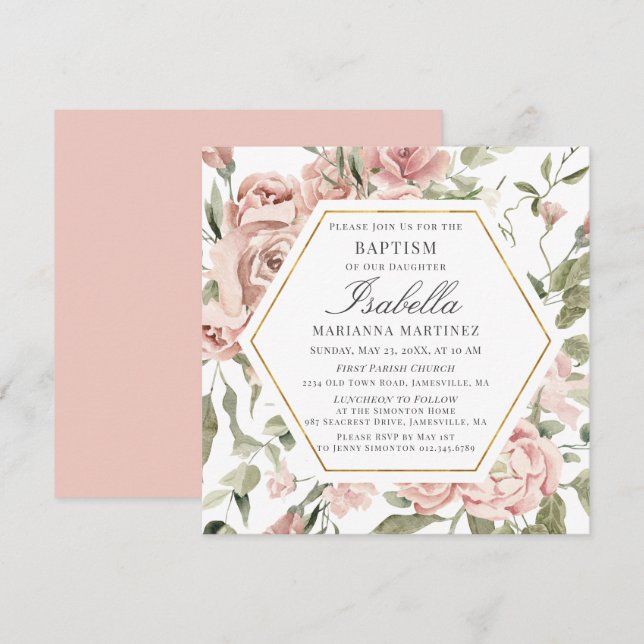 Dusty Pink Floral Gold Frame Baptism Invitation (Front/Back)