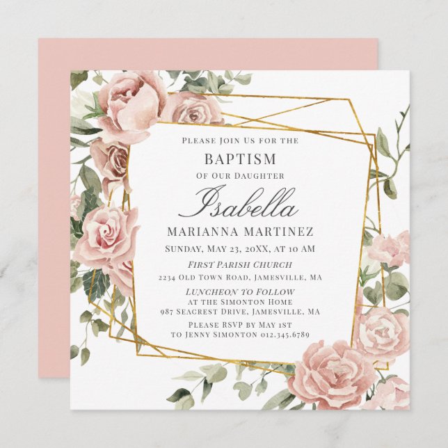 Dusty Pink Floral Gold Geometric Frame Baptism Invitation (Front/Back)