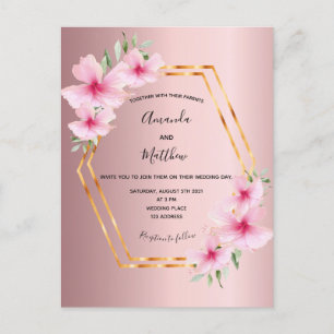 Dusty pink floral gold wedding invitation postcard