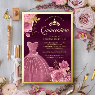 Dusty Pink Floral Gown Plum Quinceanera Gold