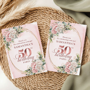 Dusty Pink Floral Greenery 50th Birthday Thank You Card