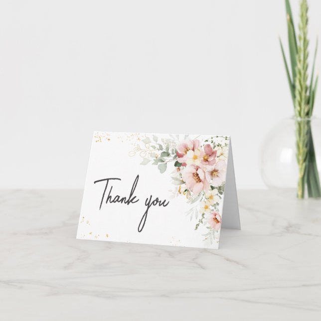 Dusty Pink Floral Greenery Baby Shower Thank You Card (Front)