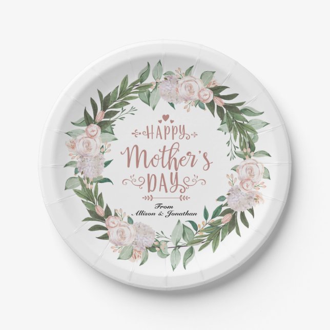 Dusty Pink Floral Happy Mothers Day Paper Plate (Front)