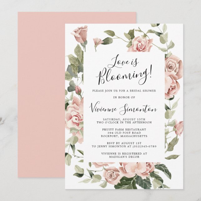 Dusty Pink Floral Love is Blooming Bridal Shower Invitation (Front/Back)