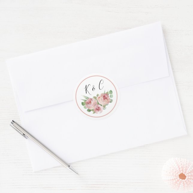 Dusty Pink Floral Monogram Initials Boho Wedding  Classic Round Sticker (Envelope)