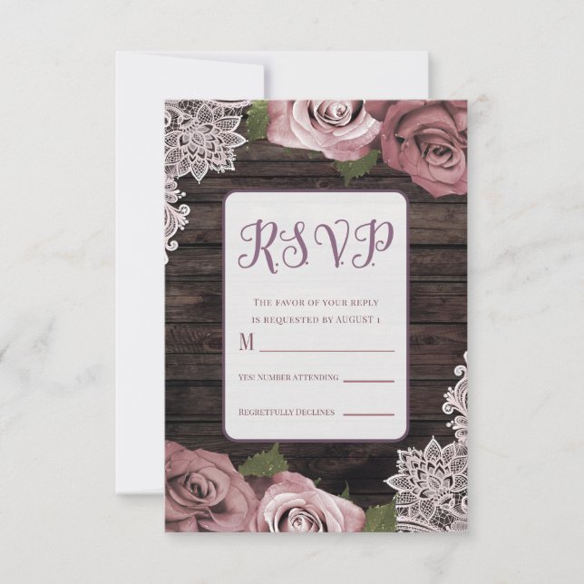 Dusty Pink Floral Roses Rustic Wood & Lace Wedding RSVP Card (Front)