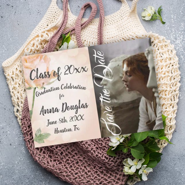 Dusty Pink, Floral Save-the-Date Card (botanical peach photo graduation party invitation light pink dusty peach roses floral grad save date)