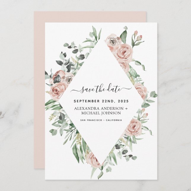 Dusty Pink Floral Save the Date Greenery Invitation (Front/Back)