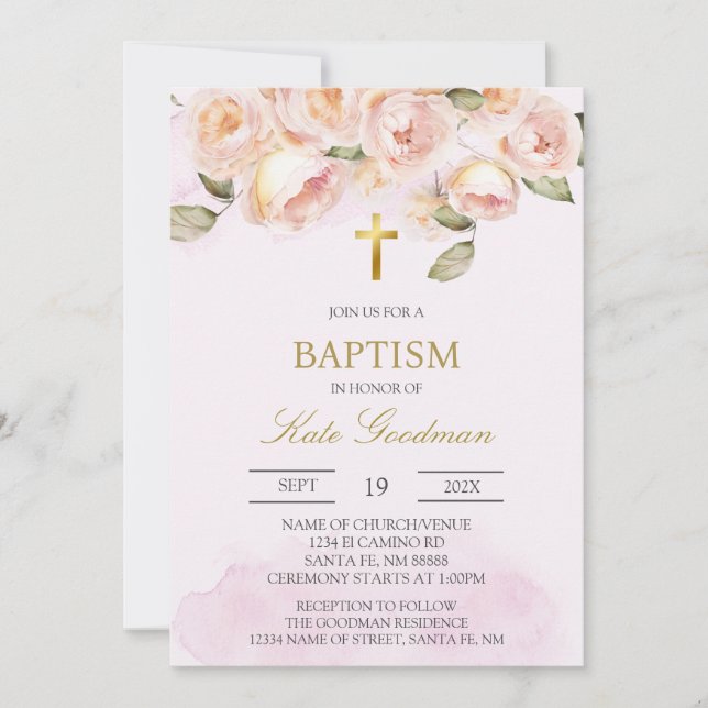 Dusty pink floral Spanish baptism Invitation (Front)