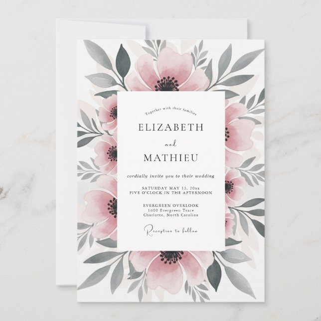 Dusty Pink Floral Spring Wedding Invitation (Front)