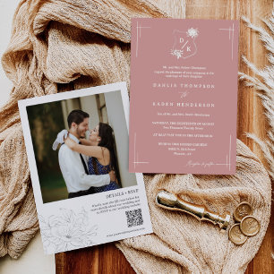 Dusty Pink Floral Wedding Crest Boho QR Code Photo Invitation