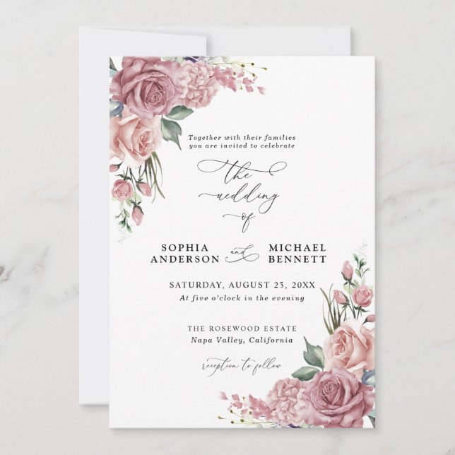 Dusty Pink Floral Wedding Invitation (Front)