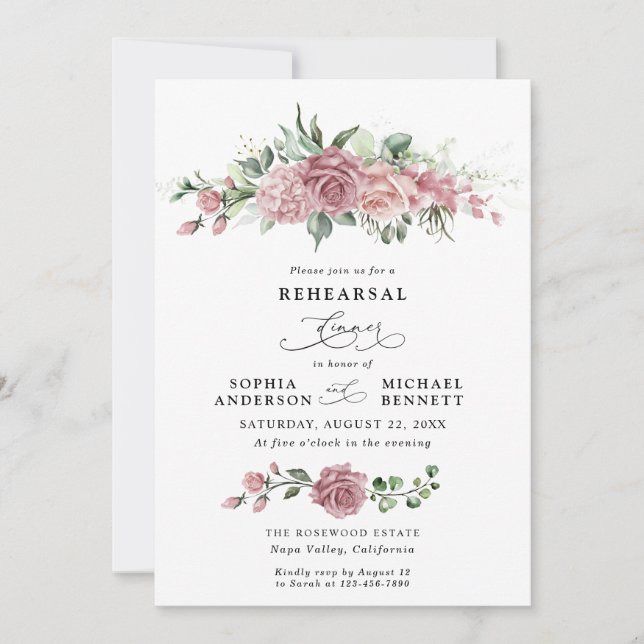 Dusty Pink Floral Wedding Rehearsal Dinner  Invitation (Front)