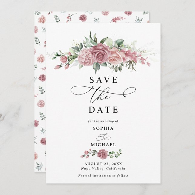 Dusty Pink Floral Wedding Save The Date  Invitation (Front/Back)