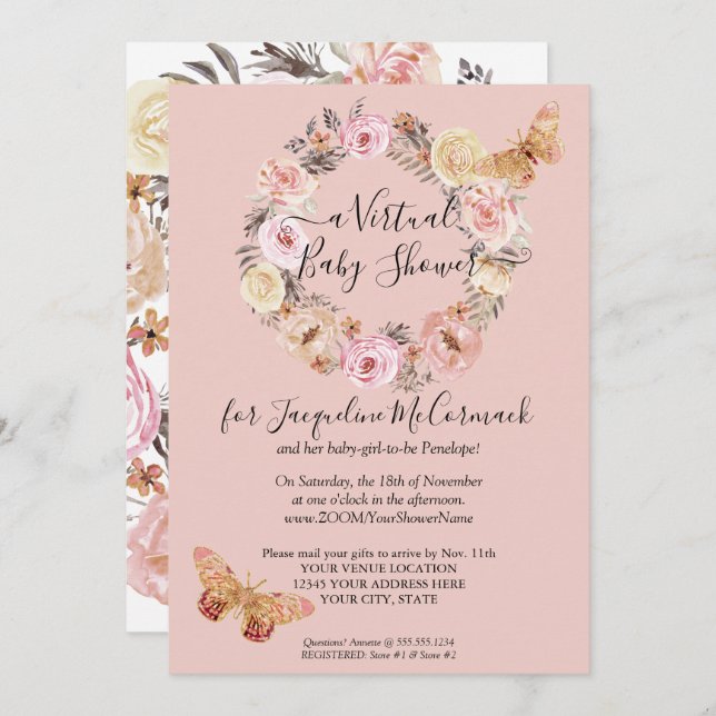 Dusty Pink Floral Wreath Butterfly Virtual Shower Invitation (Front/Back)
