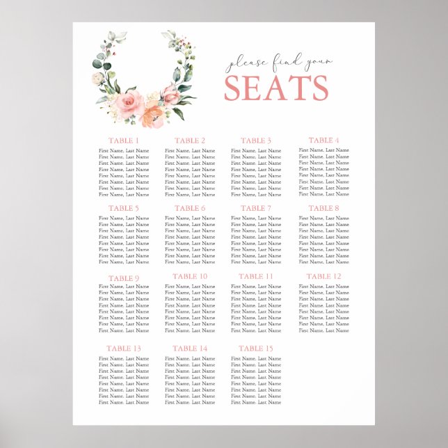 Dusty Pink Floral Wreath Wedding Seating Poster (Front)