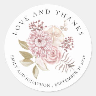 Dusty Pink Florals Thank You Names Date Wedding  Classic Round Sticker