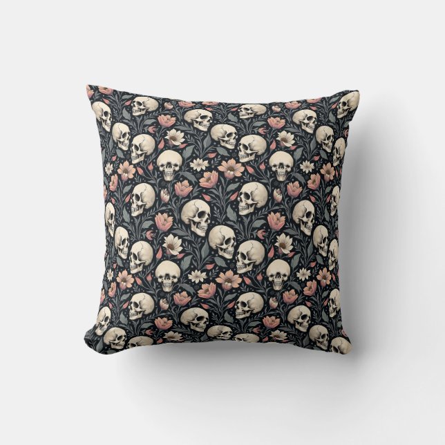 Dusty Pink Flowers and Skulls Cushion (Front)