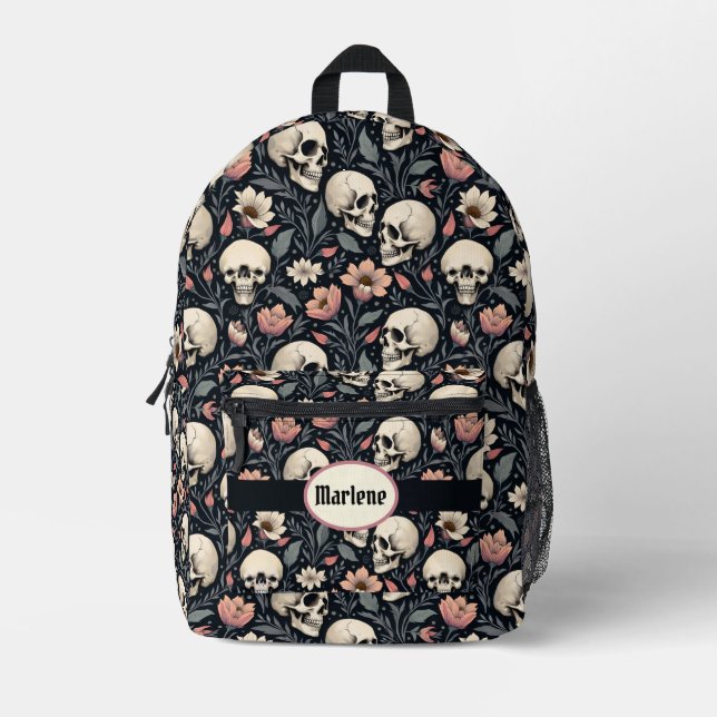 Dusty Pink Flowers and Skulls Printed Backpack (Front)