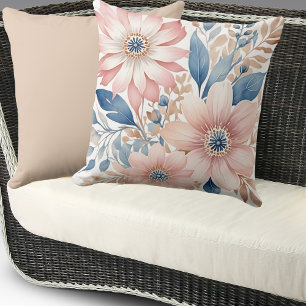Dusty Pink Flowers Blue Beige Boho Floral Cushion