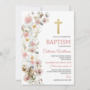 Dusty Pink Flowers Elegant Girls Baptism  Invitation