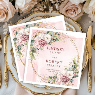 Dusty Pink Flowers Gold Glitter Eucalyptus Wedding Napkin
