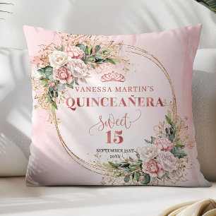 Dusty Pink Flowers Greenery Sweet 15 Decorative Cushion