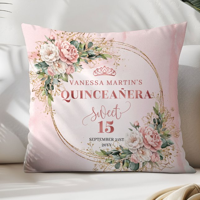 Dusty Pink Flowers Greenery Sweet 15 Pillow Gift (Dusty Pink Flowers Greenery Sweet 15 Pillow Gift)