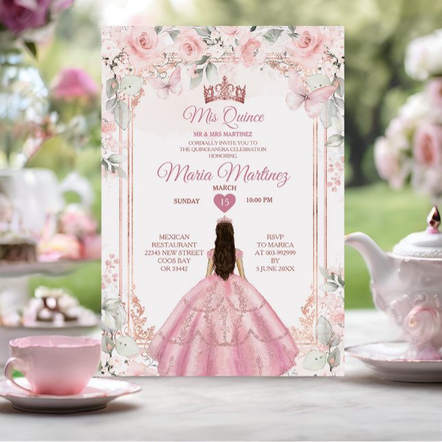 Dusty Pink Flowers & Rose Gold Crown Mis Quince Invitation (Creator Uploaded)
