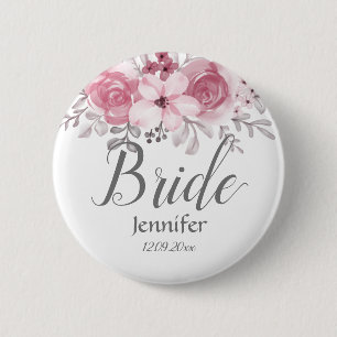 Dusty pink Flowers script text bride  6 Cm Round Badge