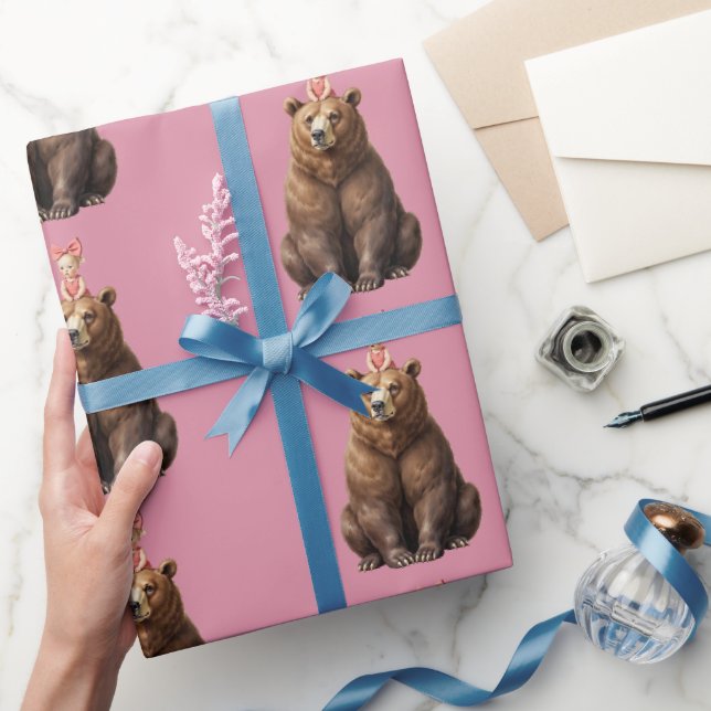 Dusty Pink Folk Art Bear Gift Wrap Roll (Gifting)