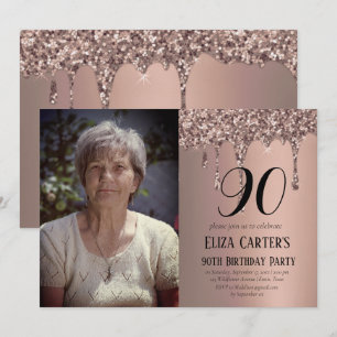 Dusty Pink Gold 90th Ninety Drip Elegant Birthday Invitation