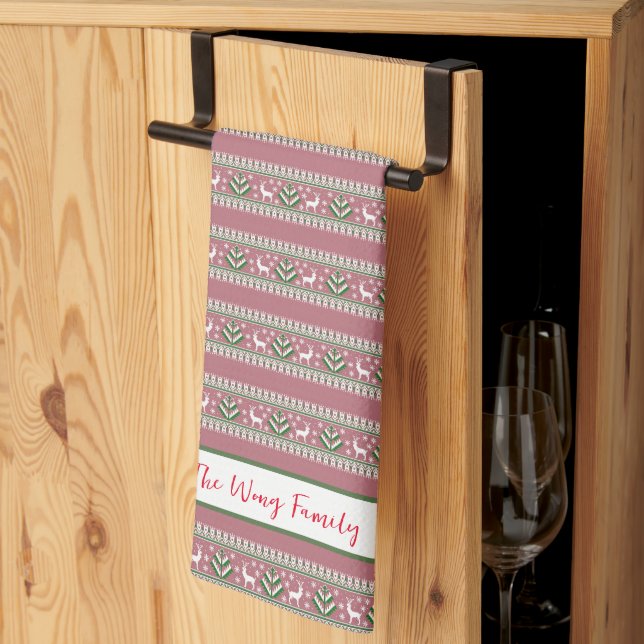 Dusty Pink Green and White Fair Isle Christmas Tea Towel (Thirds Fold)