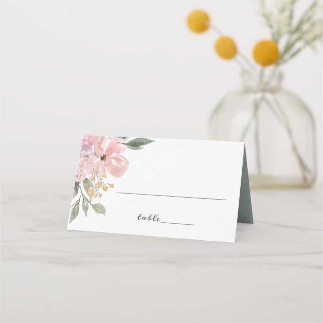 Dusty Pink Green Foliage Rustic Floral Wedding Place Card (Front)