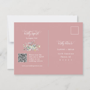 Dusty Pink Green Leaves QR Code Address RSVP Postcard