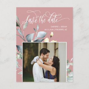 Dusty Pink Green Leaves QR Code Save the Date Announcement Postcard