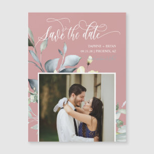 Dusty Pink Green Leaves Save the Date Photo Magnet
