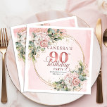 Dusty Pink Greenery Floral 90th Birthday Party   Napkin<br><div class="desc">✅ For matching items search 36-90 in my collections ✅ Celebrate a beautiful milestone with elegant 90th birthday napkins featuring watercolor dusty pink and blush pink flowers, soft eucalyptus greenery, and a shimmering rose gold frame. This boho floral design adds a romantic, stylish touch to any party table and makes...</div>