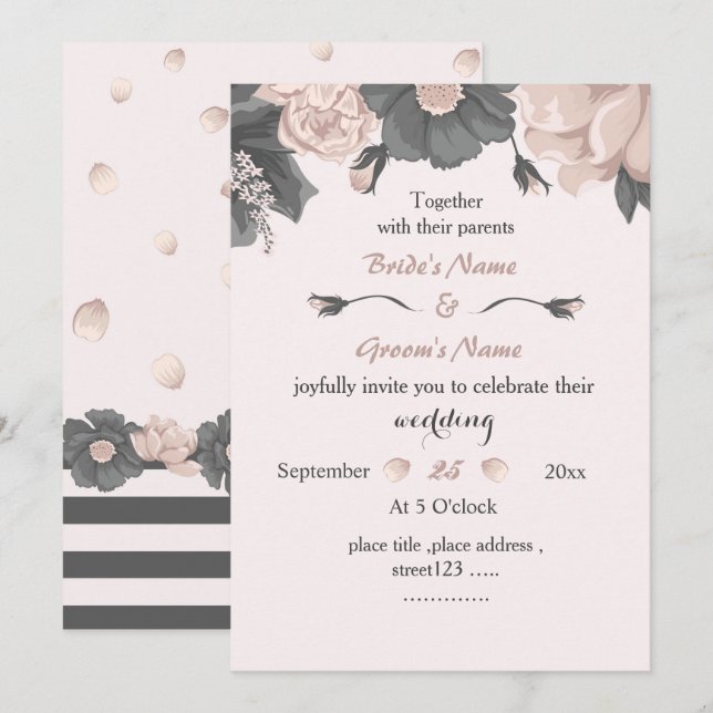 dusty pink grey flowers amazing wedding invitation (Front/Back)