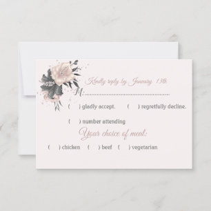 dusty pink grey flowers & petal meal choice RSVP card
