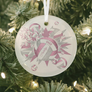 dusty pink grey girly volleyballs and stars glass tree decoration