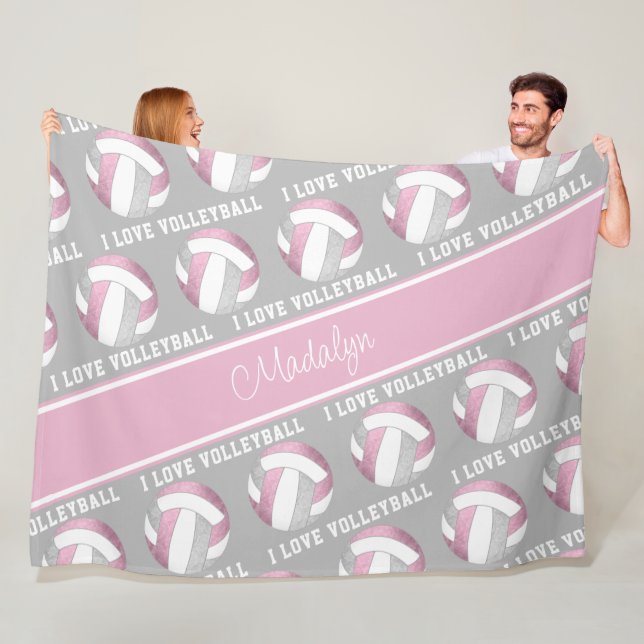 dusty pink grey I love volleyball sports pattern Fleece Blanket (In Situ)