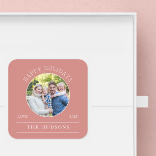 Dusty Pink Happy Holidays Circle Photo Square Sticker