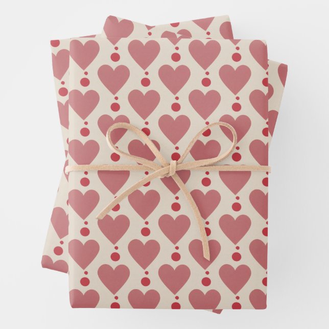 Dusty Pink Hearts and Red Dots on Cream Valentine Wrapping Paper Sheet (In situ)