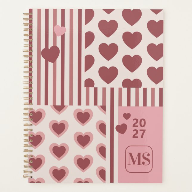 Dusty Pink Hearts & Stripes Monogram Planner (Front)